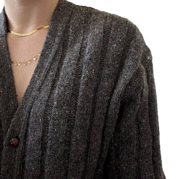 Vintage 1970s Kreeger Unisex Gray Donegal Wool Dark Academia Chunky Cardigan L - Picture 7 of 11